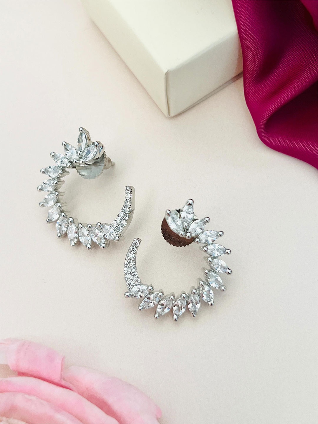 

ABDESIGNS Silver-Plated American Diamond Studded Classic Half Hoop Earrings