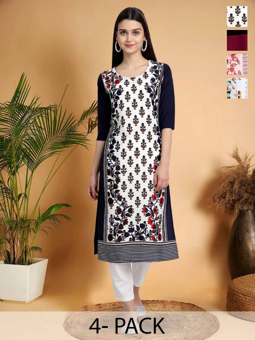 

7Threads Selection Of 4 Floral Printed Round Neck Straight Kurtas, Navy blue