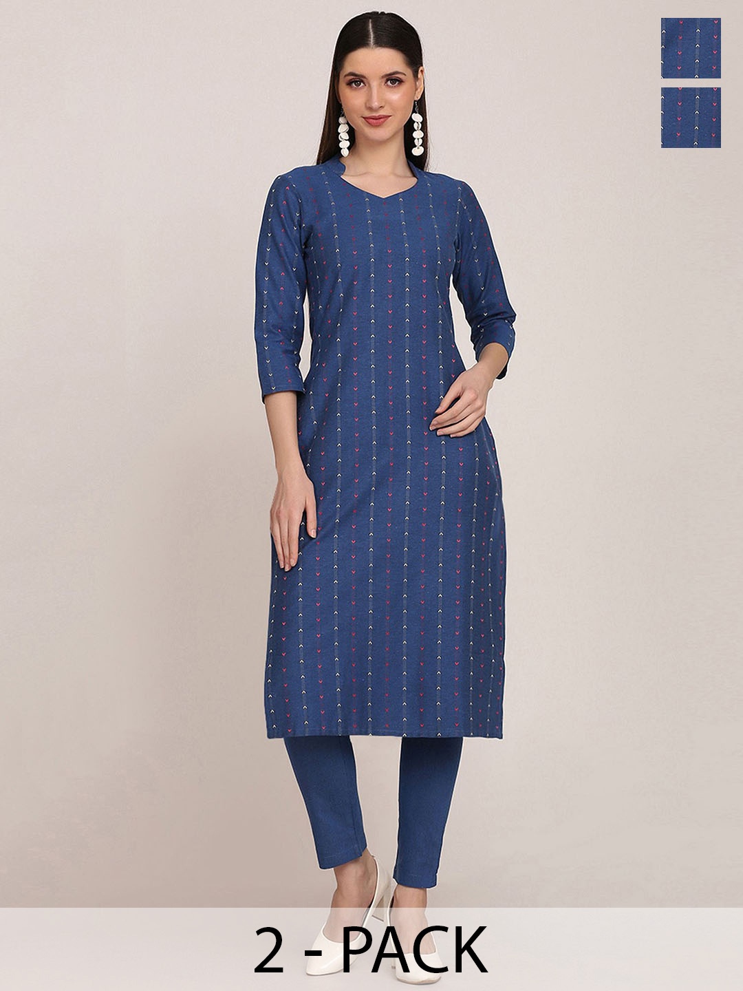 

KALINI Selection of 2 Striped Printed Mandarin Collar Straight Kurta with Trousers, Blue