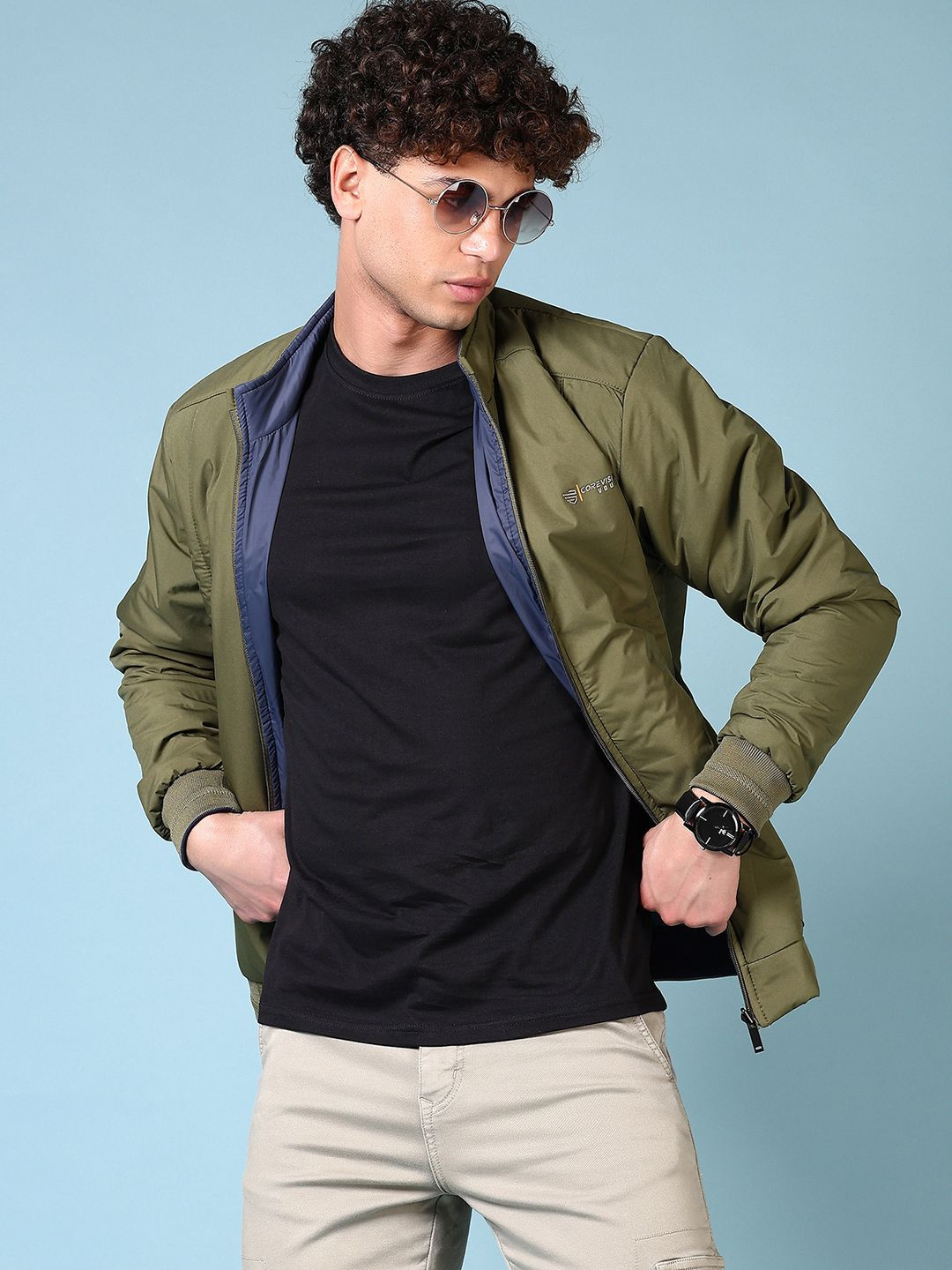

V-Mart Men Mock Collar Solid Cotton Casual Bomber Reversible Jacket, Olive
