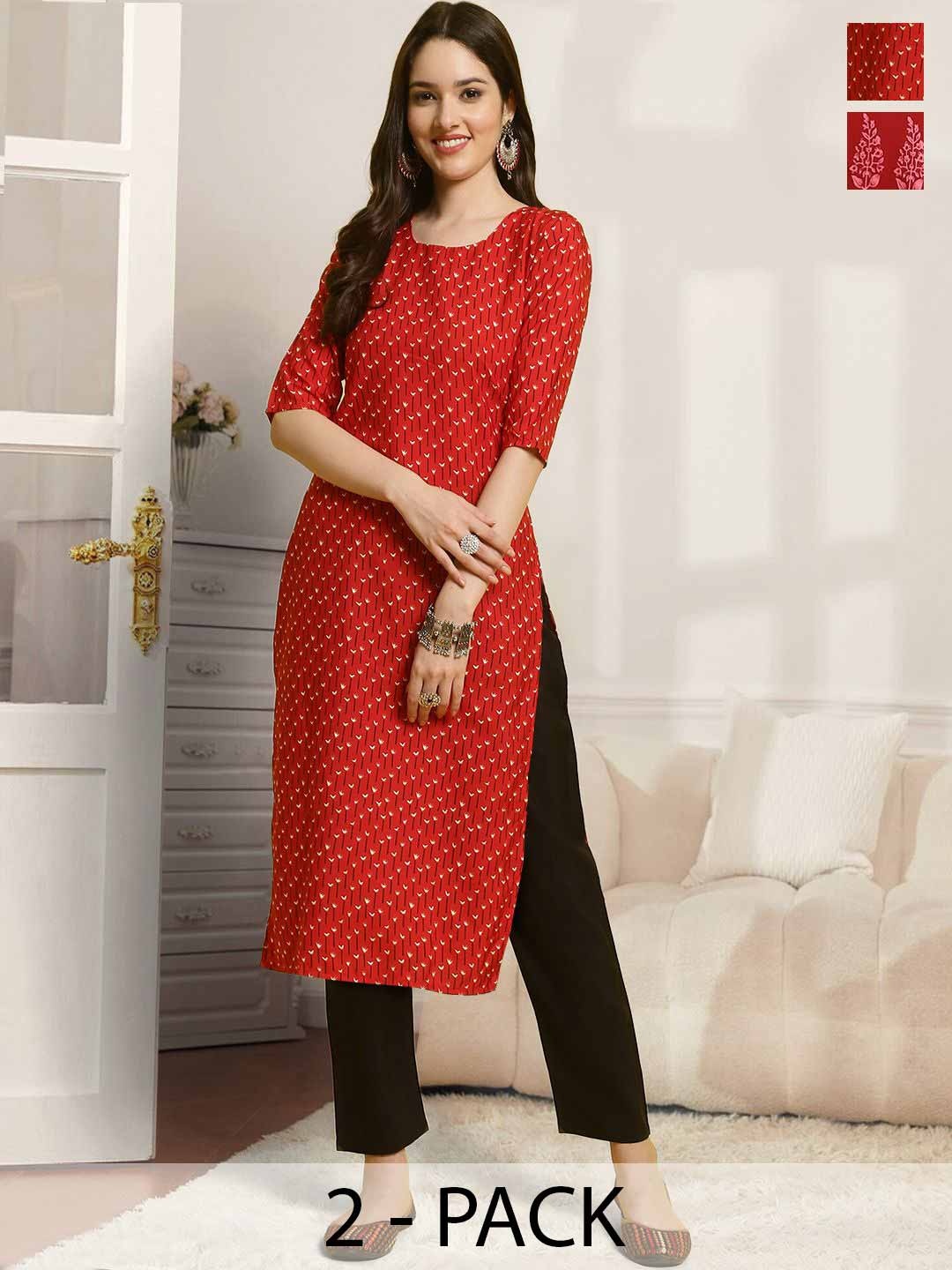 

7Threads Selection Of 2 Floral Printed Round Neck Straight Kurtas With Trousers, Red