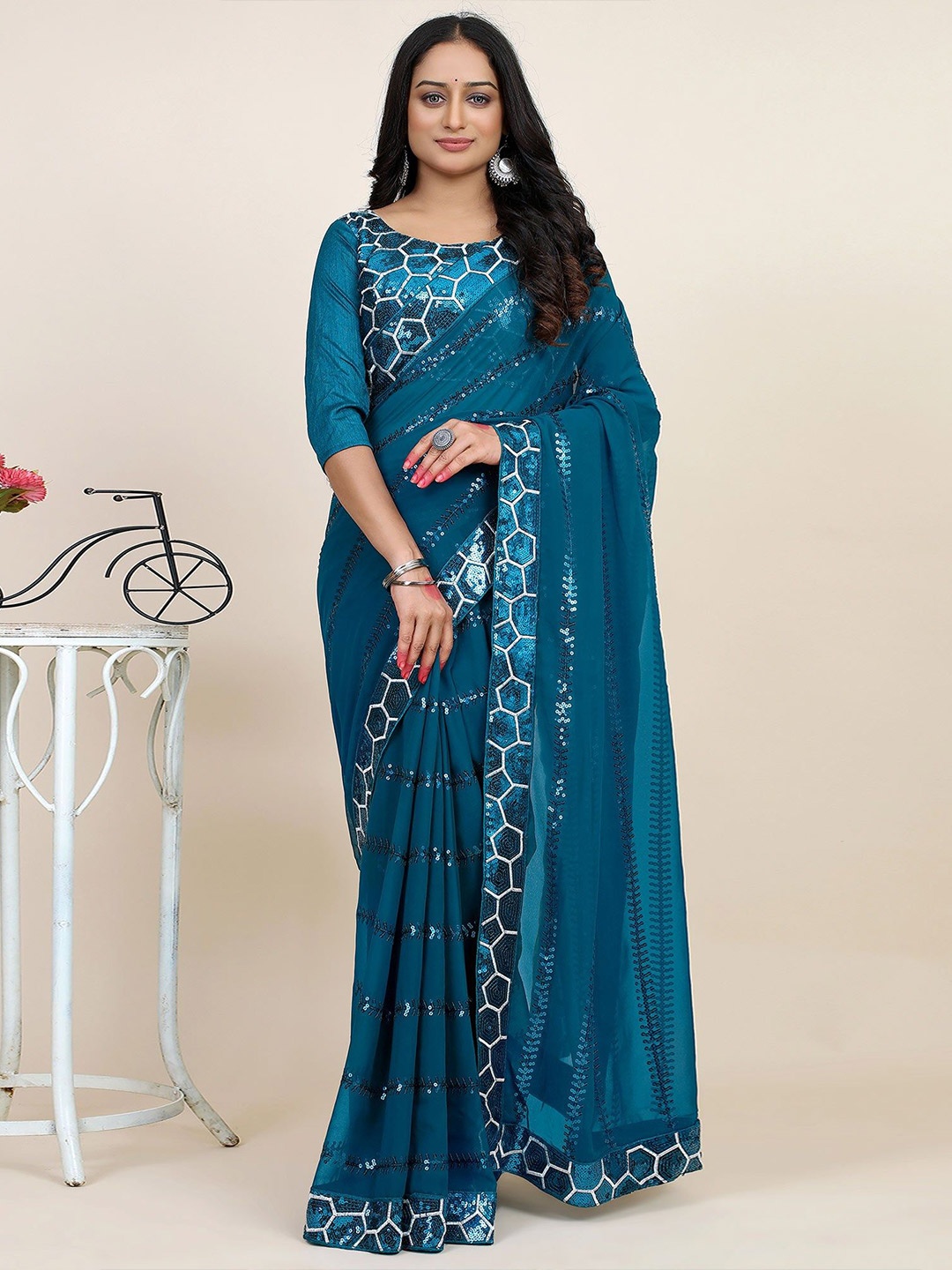

Peachmode Embellished Sequinned Pure Georgette Saree, Blue