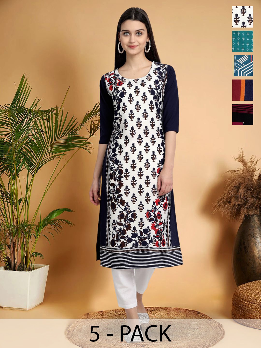 

7Threads Selection Of 5 Floral Printed Round Neck Straight Kurtas, Black