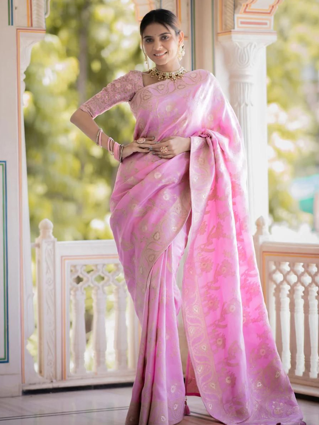 

zinzraa Ethnic Motifs Zari Pure Silk Kanjeevaram Saree, Rose gold