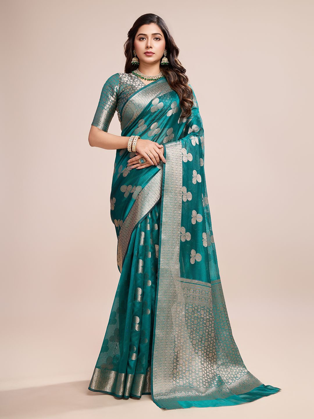 

SHRIMAY Woven Design Zari Organza Banarasi Saree, Green