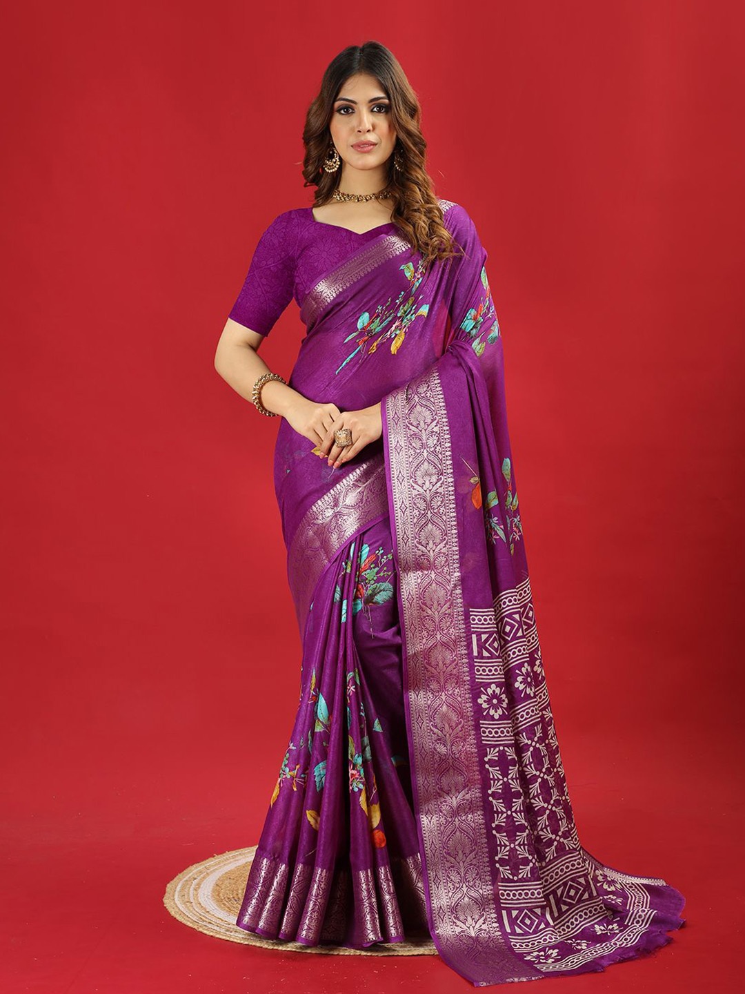 

A.V.M. SILK MILLS Floral Printed Woven Design Saree, Purple