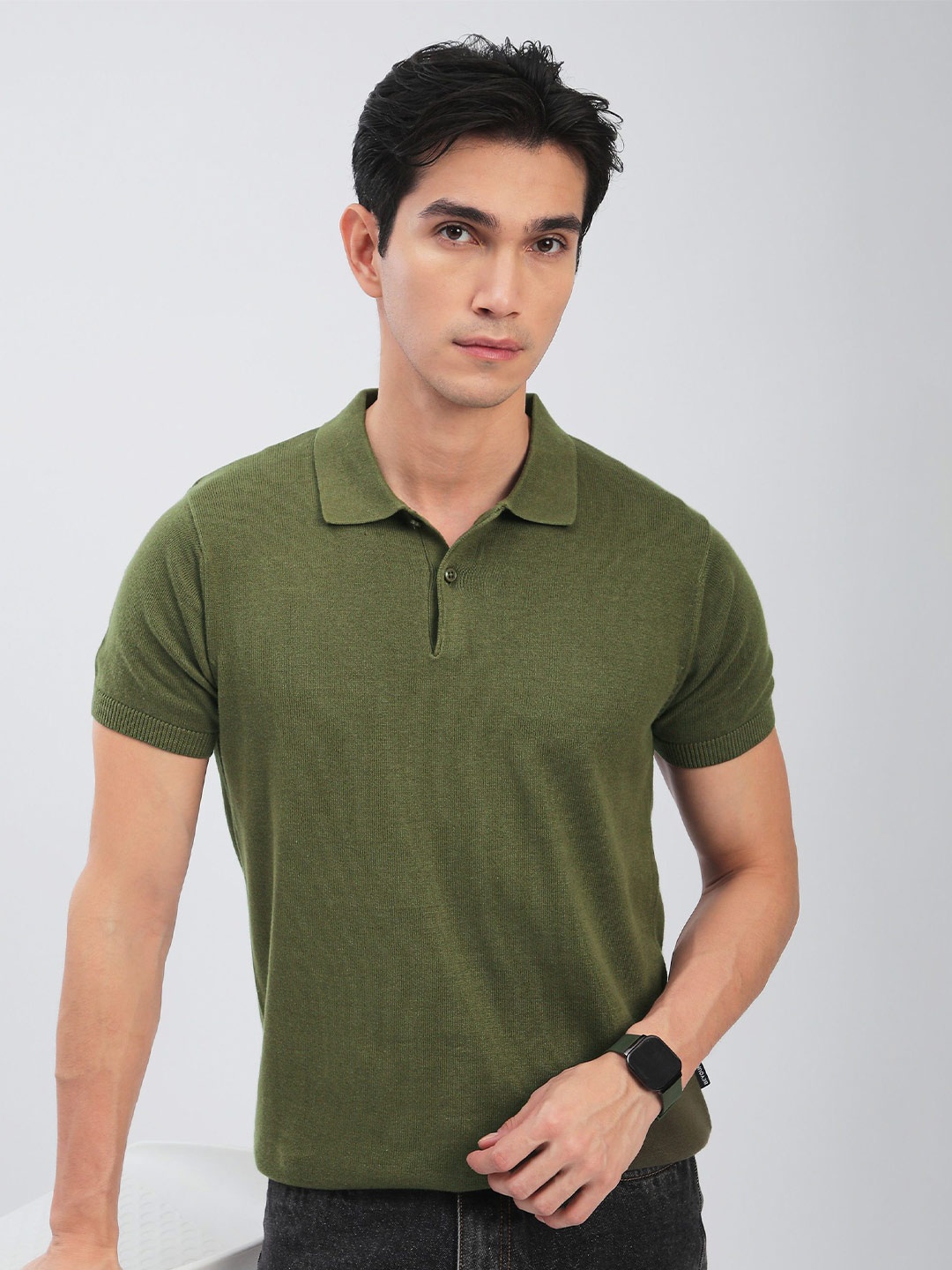 

Beyoung Men Solid Polo Collar Cotton T-shirt, Olive