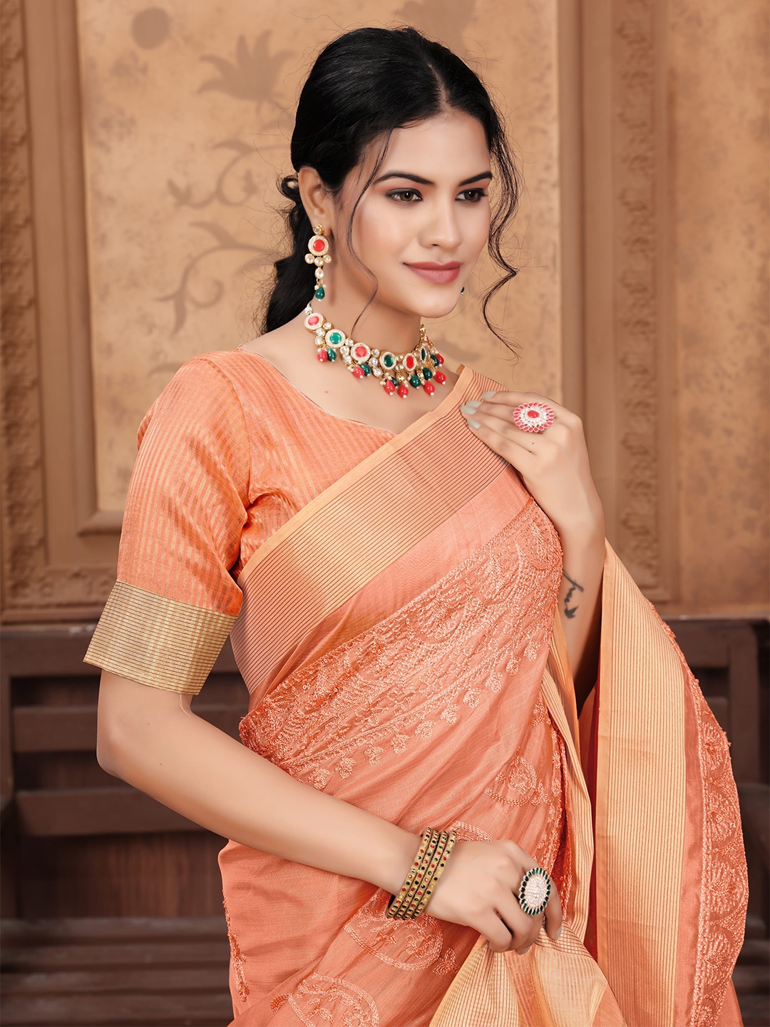 

A.V.M. SILK MILLS Ethnic Motifs Embroidered Pure Cotton Saree, Orange