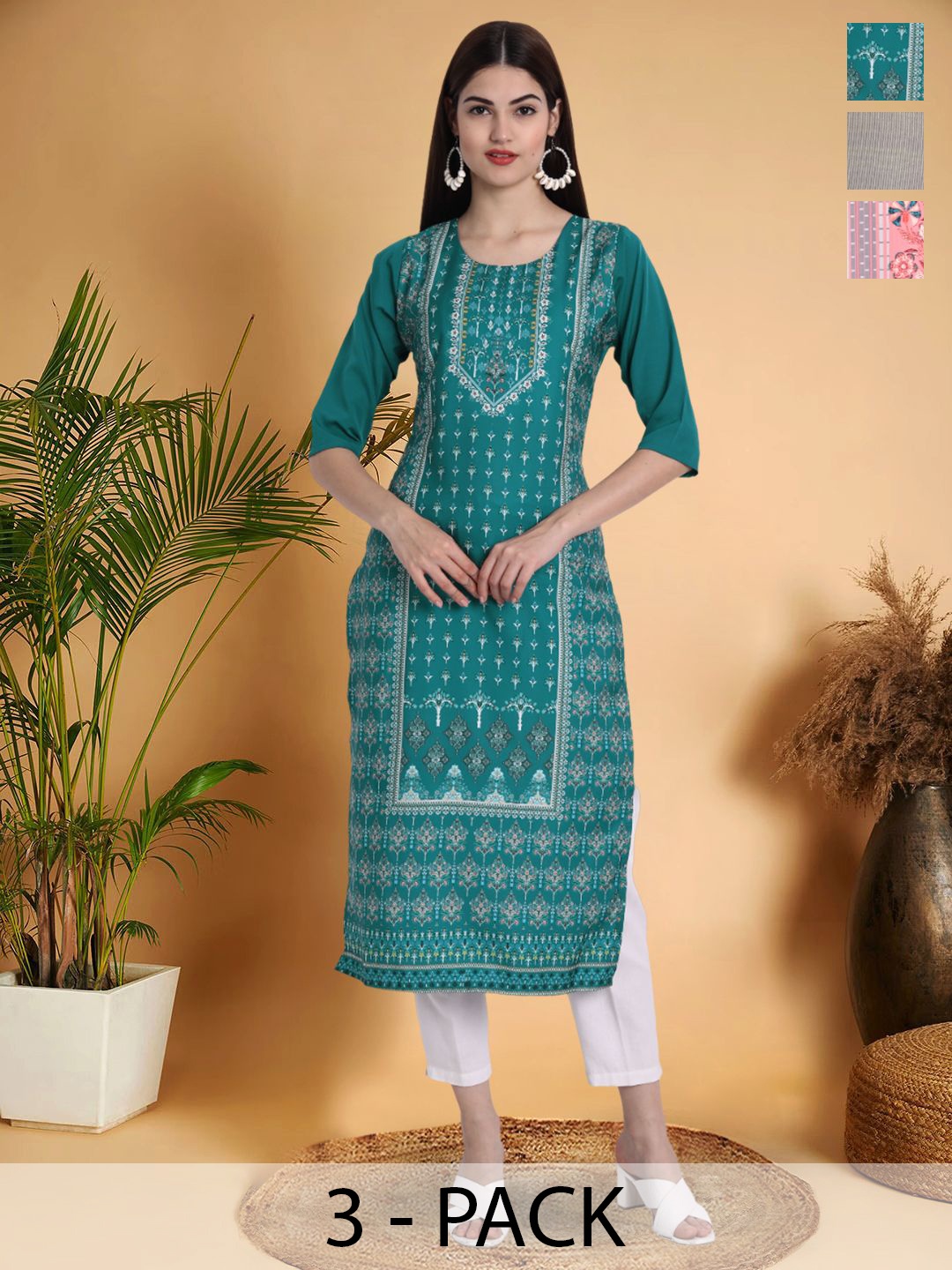 

7Threads Selection Of 3 Ethnic Motifs Printed Round Neck Straight Kurtas, Blue