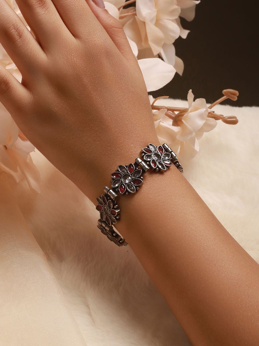 

Saraf RS Jewellery Rhodium-Plated Cubic Zirconia Beaded Bangle-Style Floral Bracelet, Silver