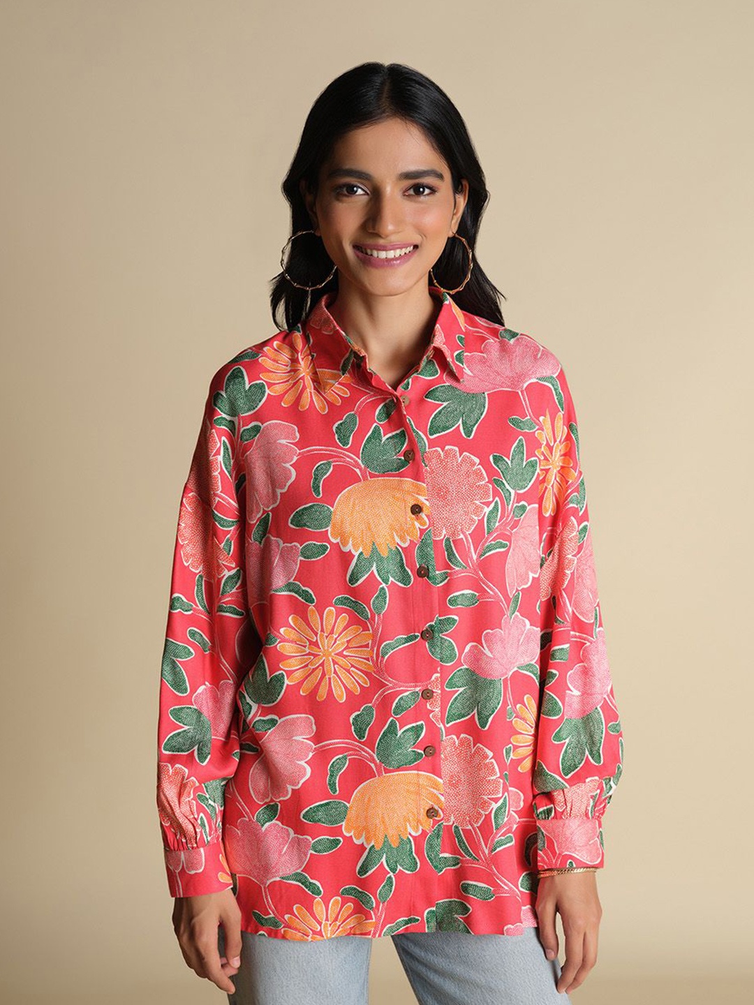 

Global Desi Floral Print Shirt Style Top, Red
