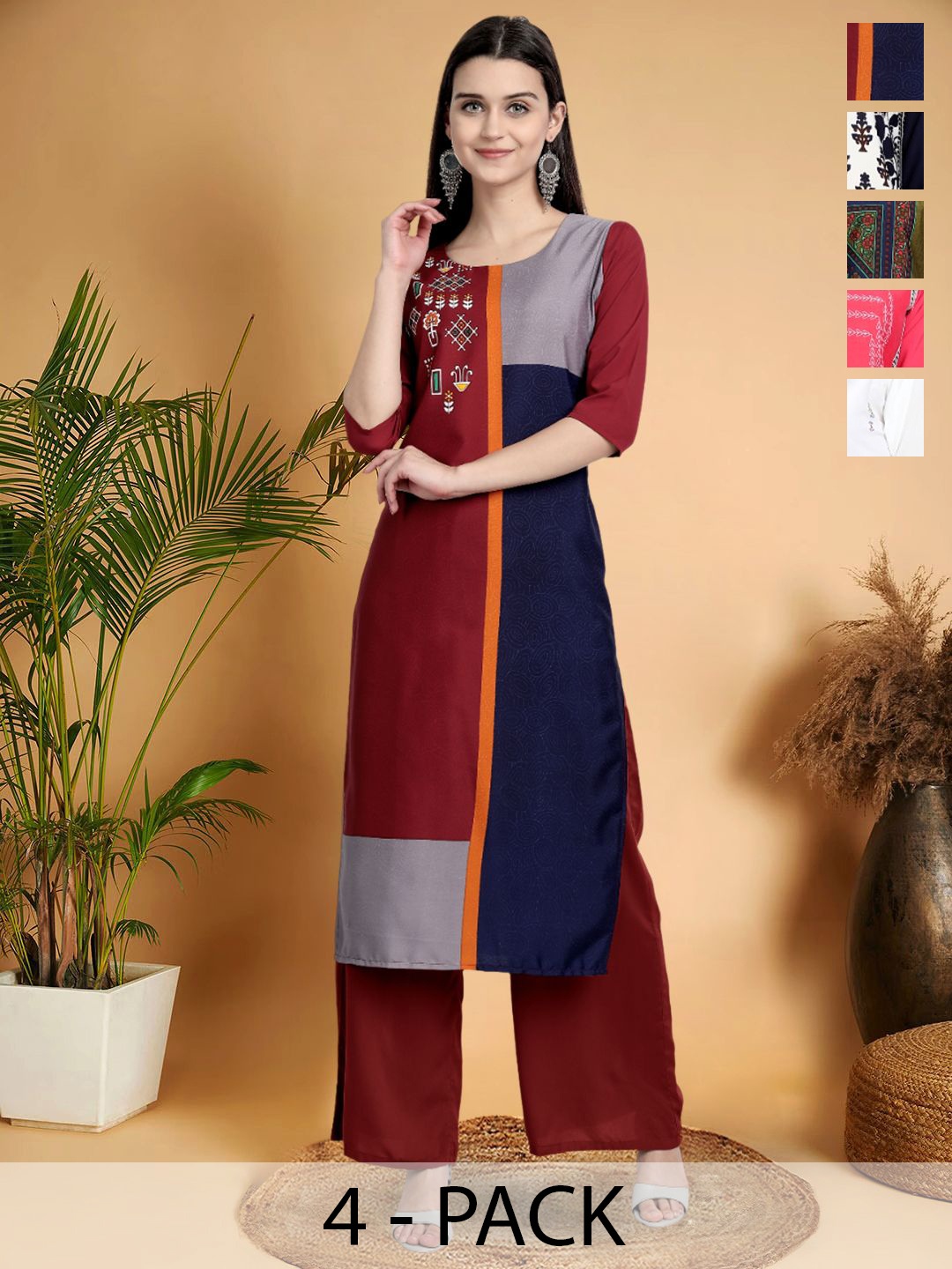 

7Threads Selection Of 5 Colourblocked Round Neck Straight Kurtas, Maroon