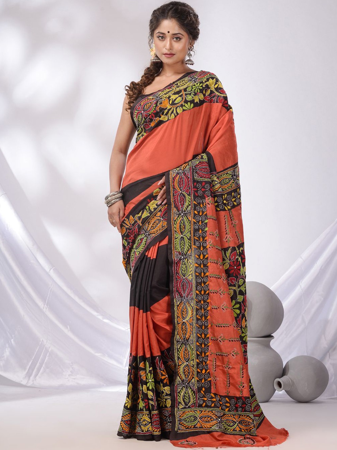 

Charukriti Ethnic Motifs Kantha Work Saree, Orange