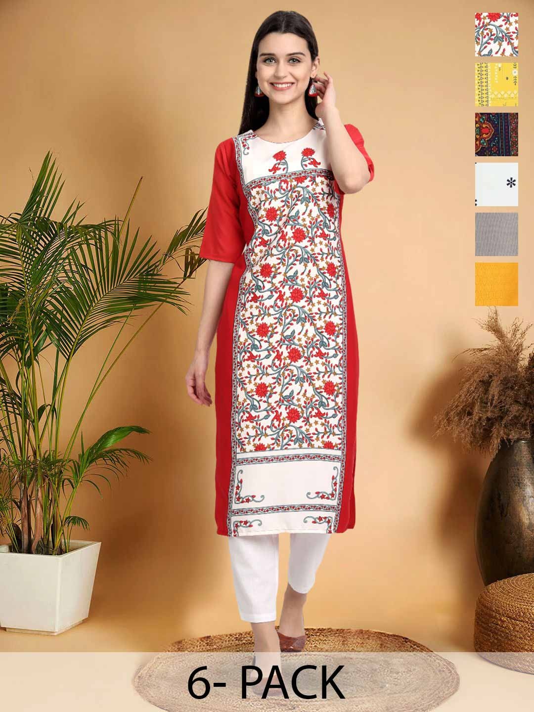

7Threads Selection Of 6 Ethnic Motifs Printed Round Neck Kurtas, Red