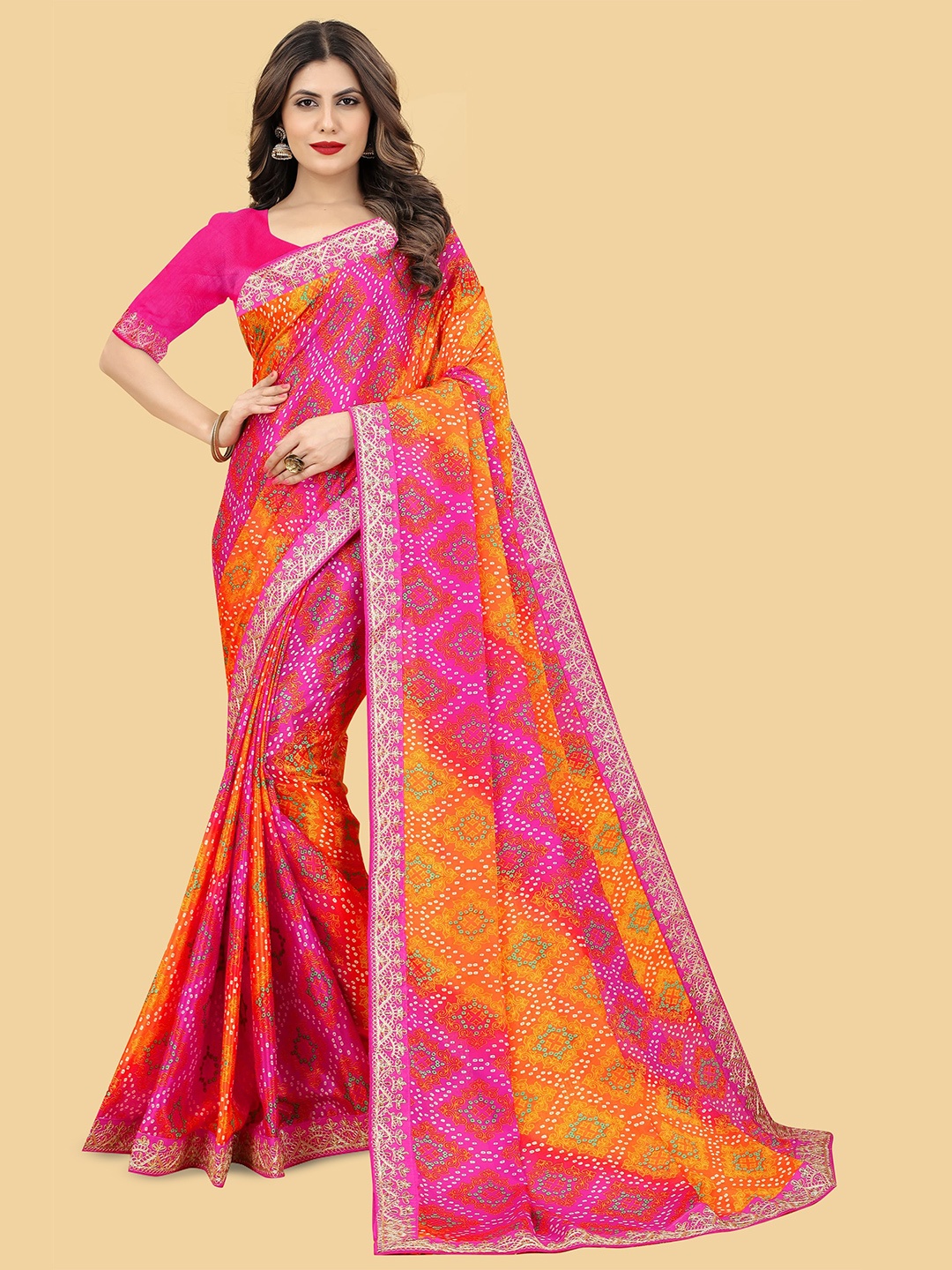 

A.V.M. SILK MILLS Women Embroidered Bandhani Saree, Pink