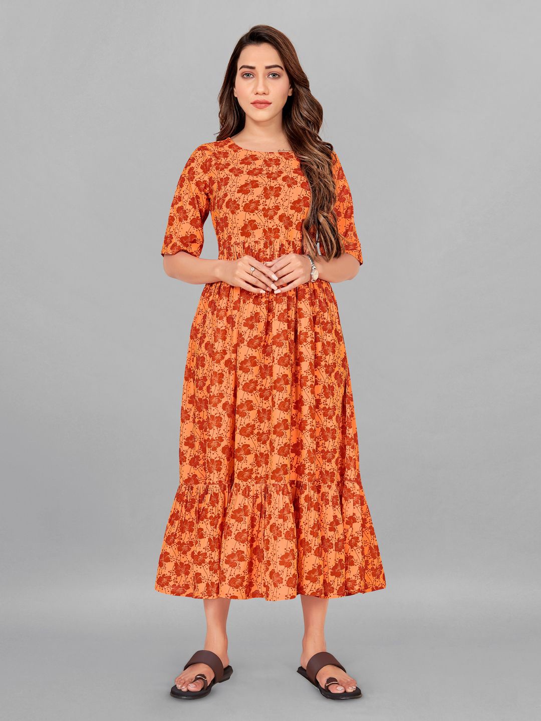 

Moda Rapido Floral Printed Crepe Fit & Flare Midi Dress, Orange