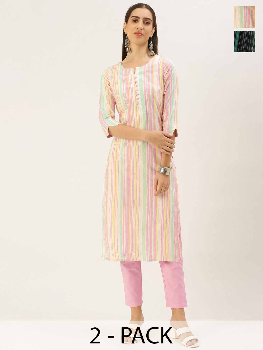 

KALINI Selection of 2 Striped Notch Neck Straight Kurta with Trousers, Peach