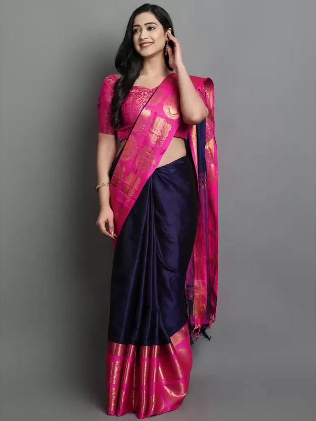 

SAADHVI Woven Design Zari Art Silk Saree, Navy blue