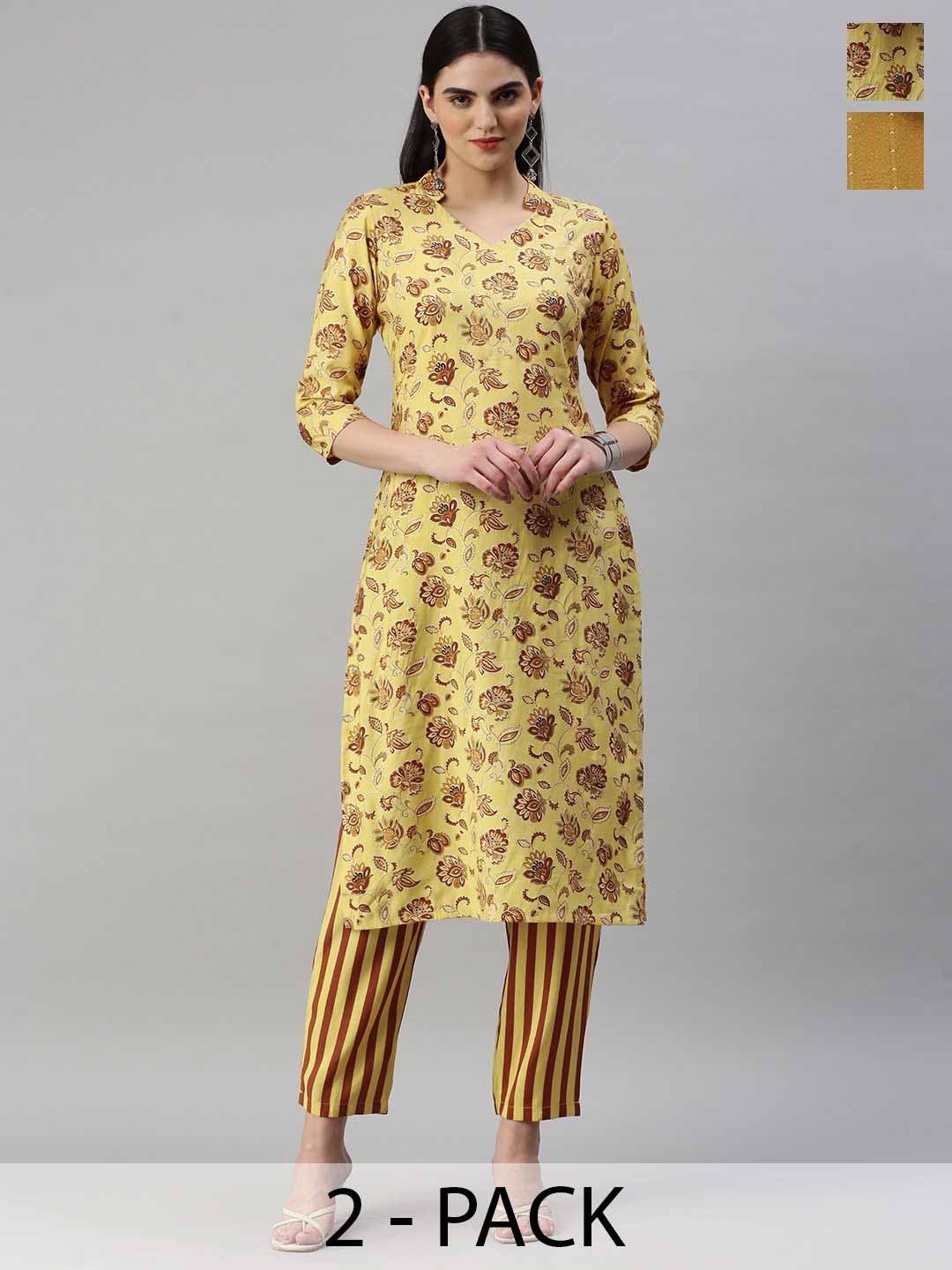 

KALINI Selection Of 2 Floral Printed Mandarin Collar Straight Kurtas with Trousers, Yellow