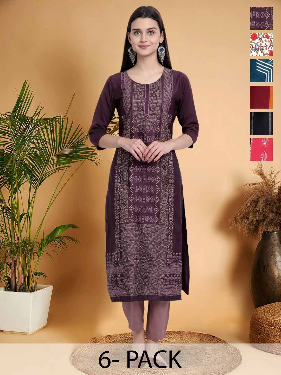 

7Threads Selection Of 6 Ethnic Motifs Printed Round Neck Straight Kurta, Purple