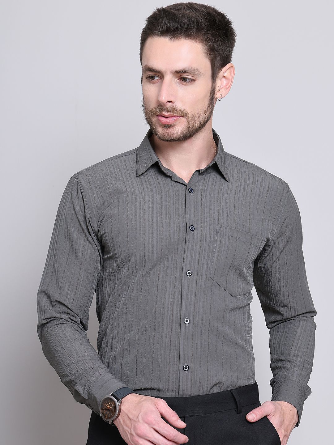 

Majestic Man Comfort Slim Fit Spread Collar Textured Casual Shirt, Grey