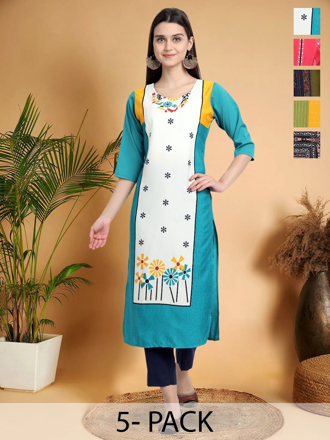 

7Threads Selection of 5 Floral Printed Round Neck Straight Kurtas, Turquoise blue