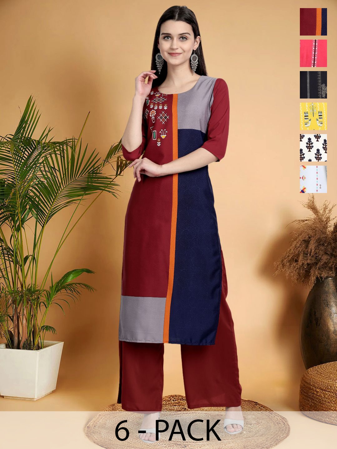 

7Threads Selection Of 6 Ethnic Motifs Printed Round Neck Straight Kurtas, Maroon
