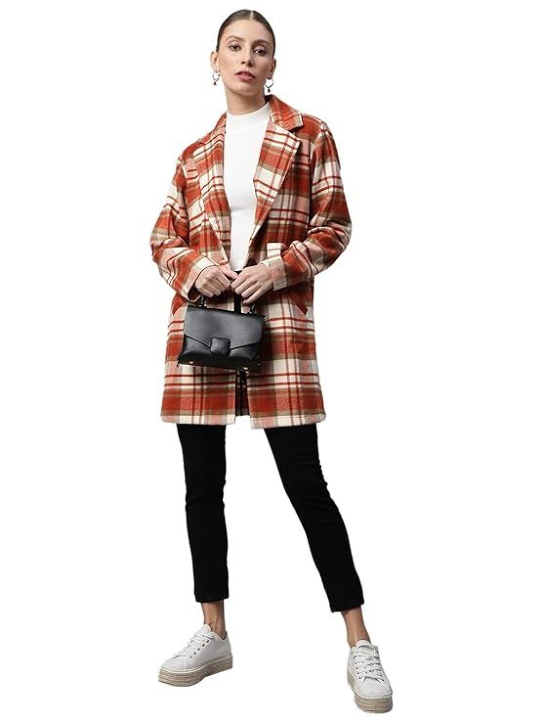 

Global Republic Women Checked Notched Lapel Overcoat, Orange