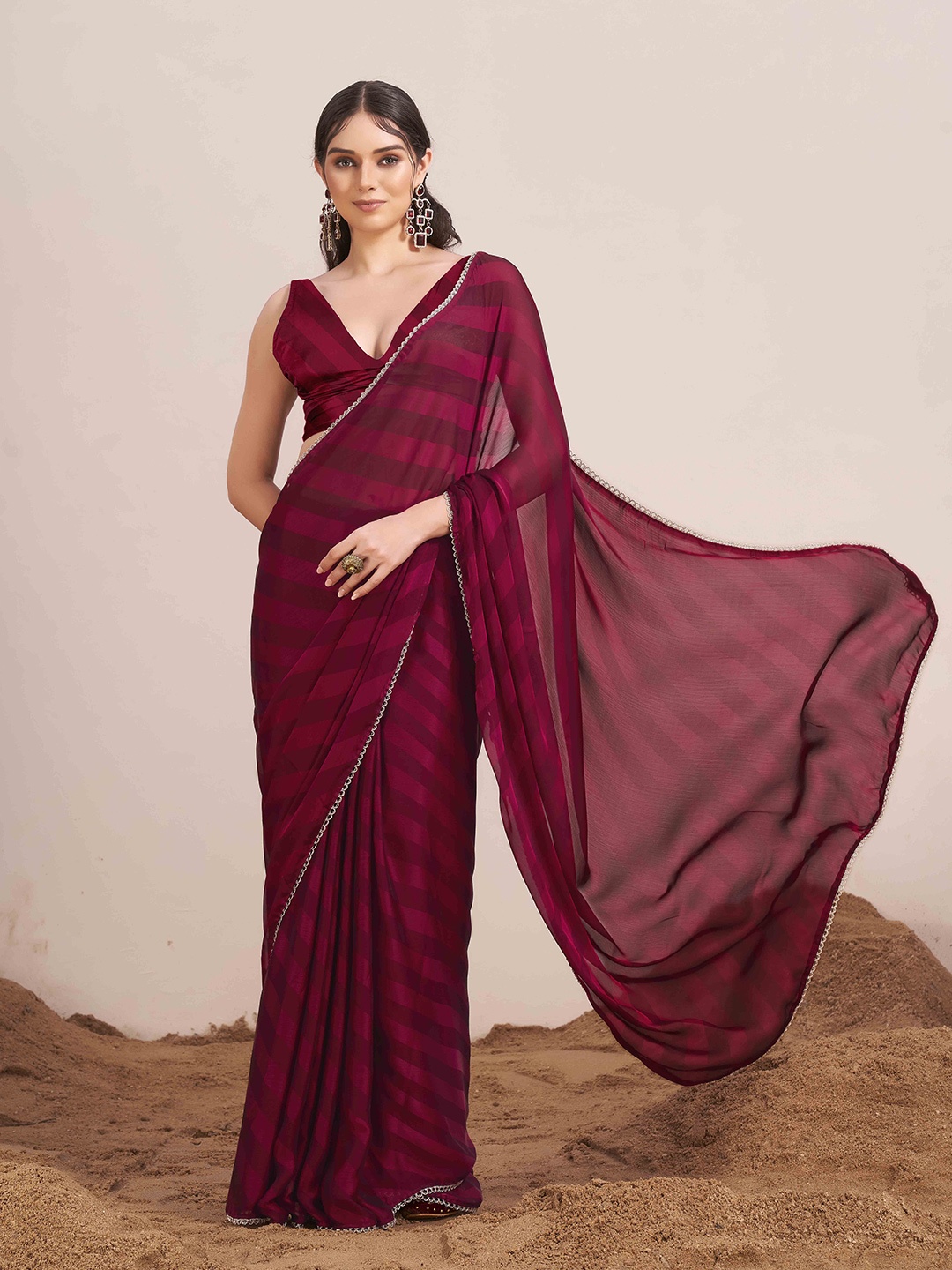 

Tikhi Imli Striped Sequinned Satin Saree, Maroon