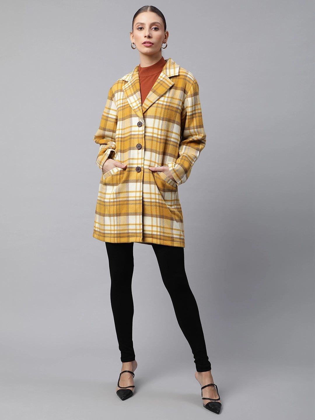 

Global Republic Women Checked Single Breasted Overcoats, Mustard