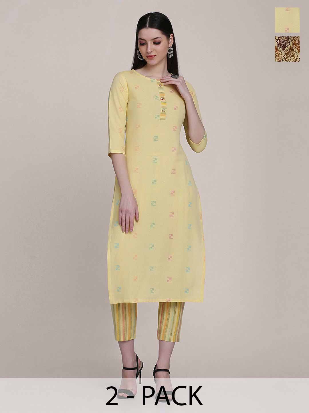 

KALINI Selection of 2 Woven Design Round Neck Straight Kurtas With Trousers, Cream