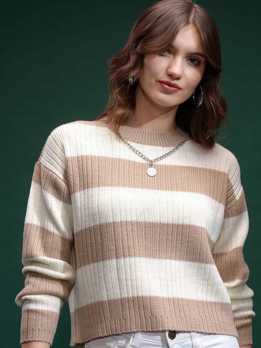 

Tokyo Talkies Women Striped Round Neck Pullover, Off white