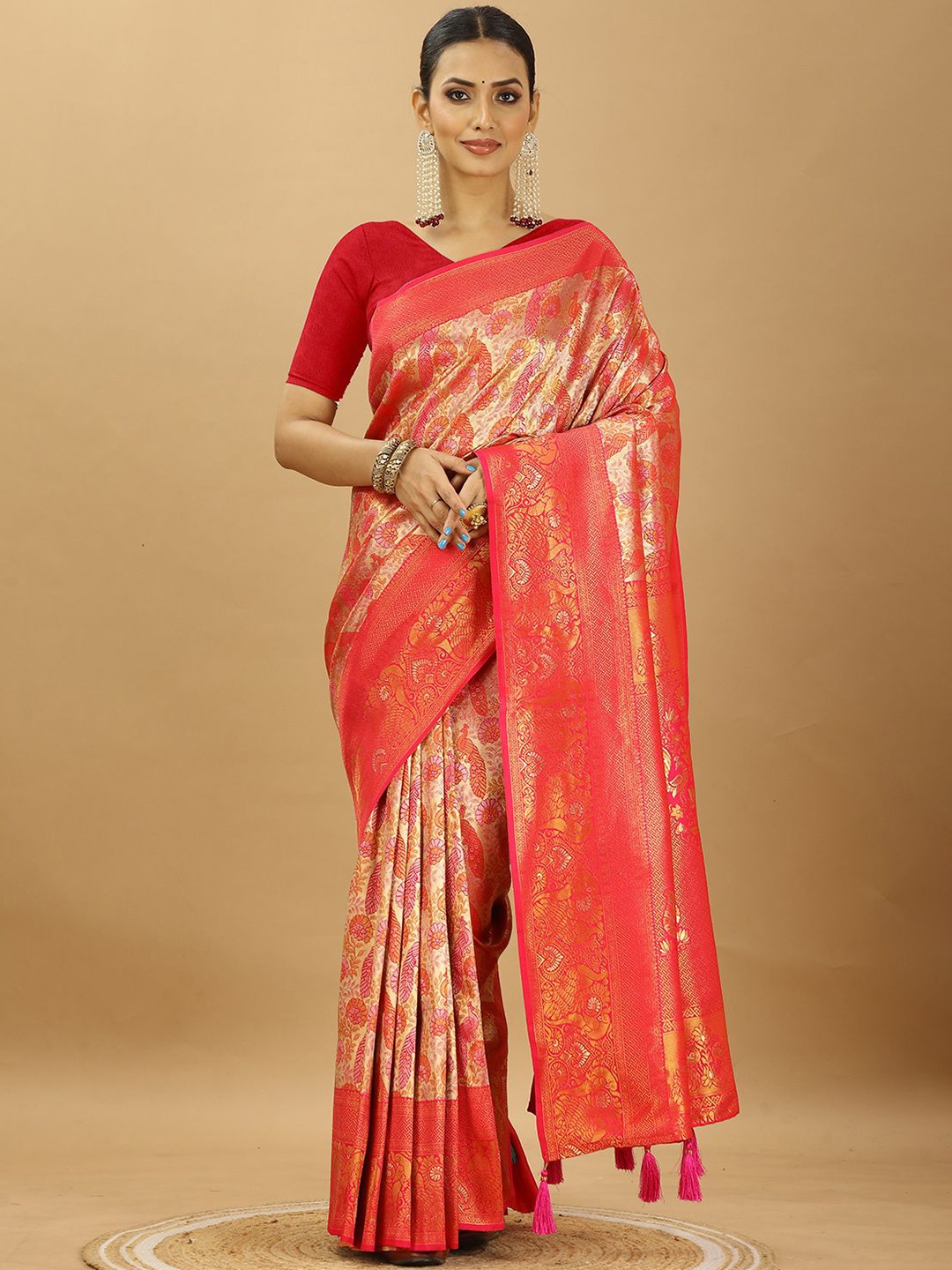 

SWAMI STUDIO Ethnic Motifs Woven Design Zari Pure Silk Banarasi Saree, Pink