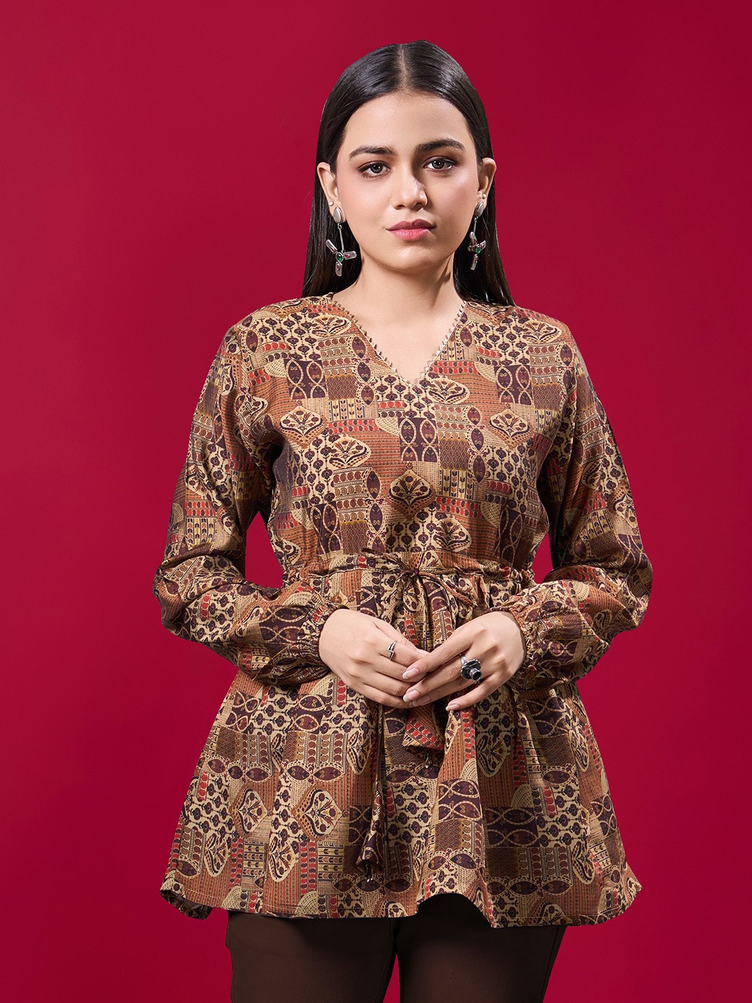 

BANJANAN Women Ethnic Motifs Printed Cinched Waist Top, Brown