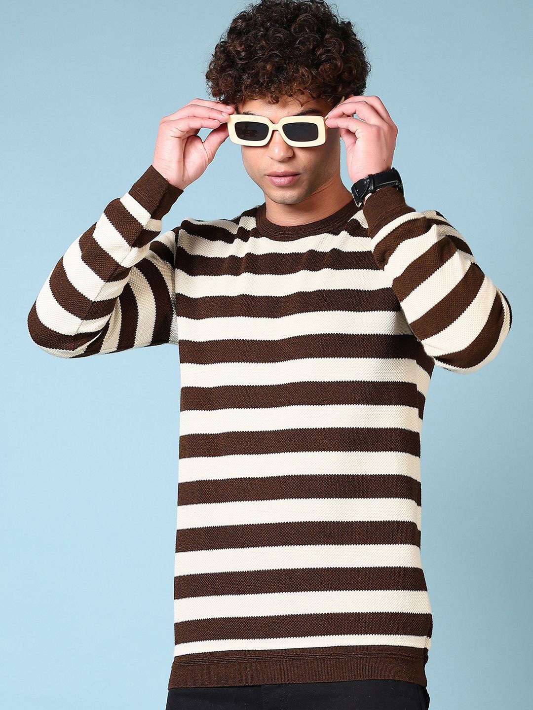 

V-Mart Men Striped Pullover Sweater, Brown