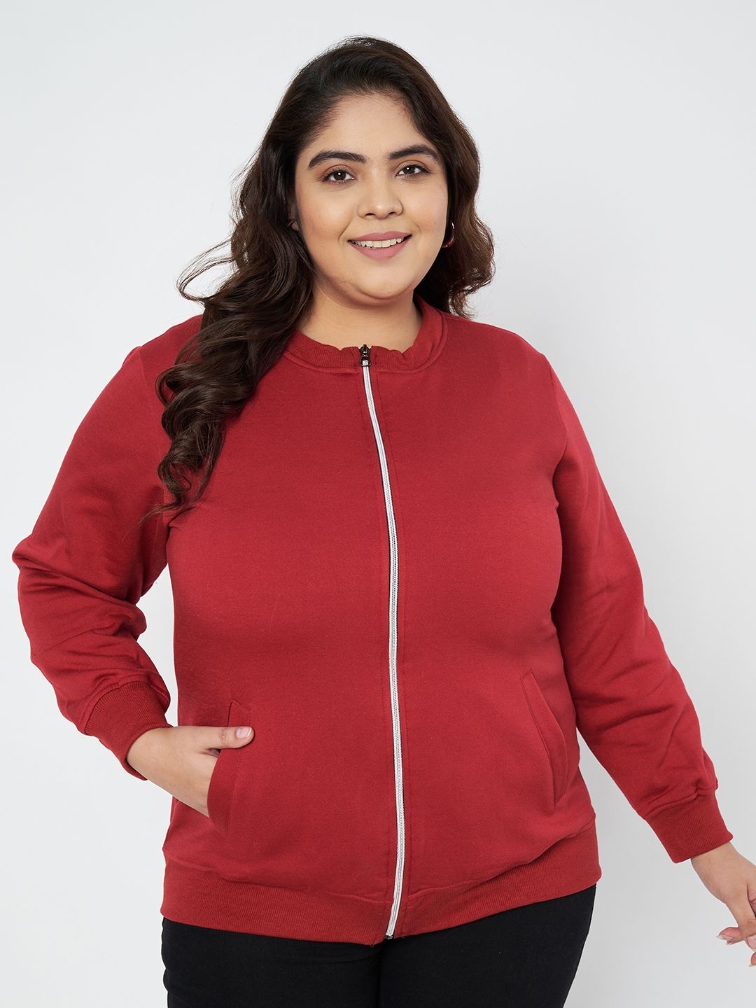 

BRINNS Women Plus Size Collarless Solid Fleece Casual Bomber Jacket, Maroon