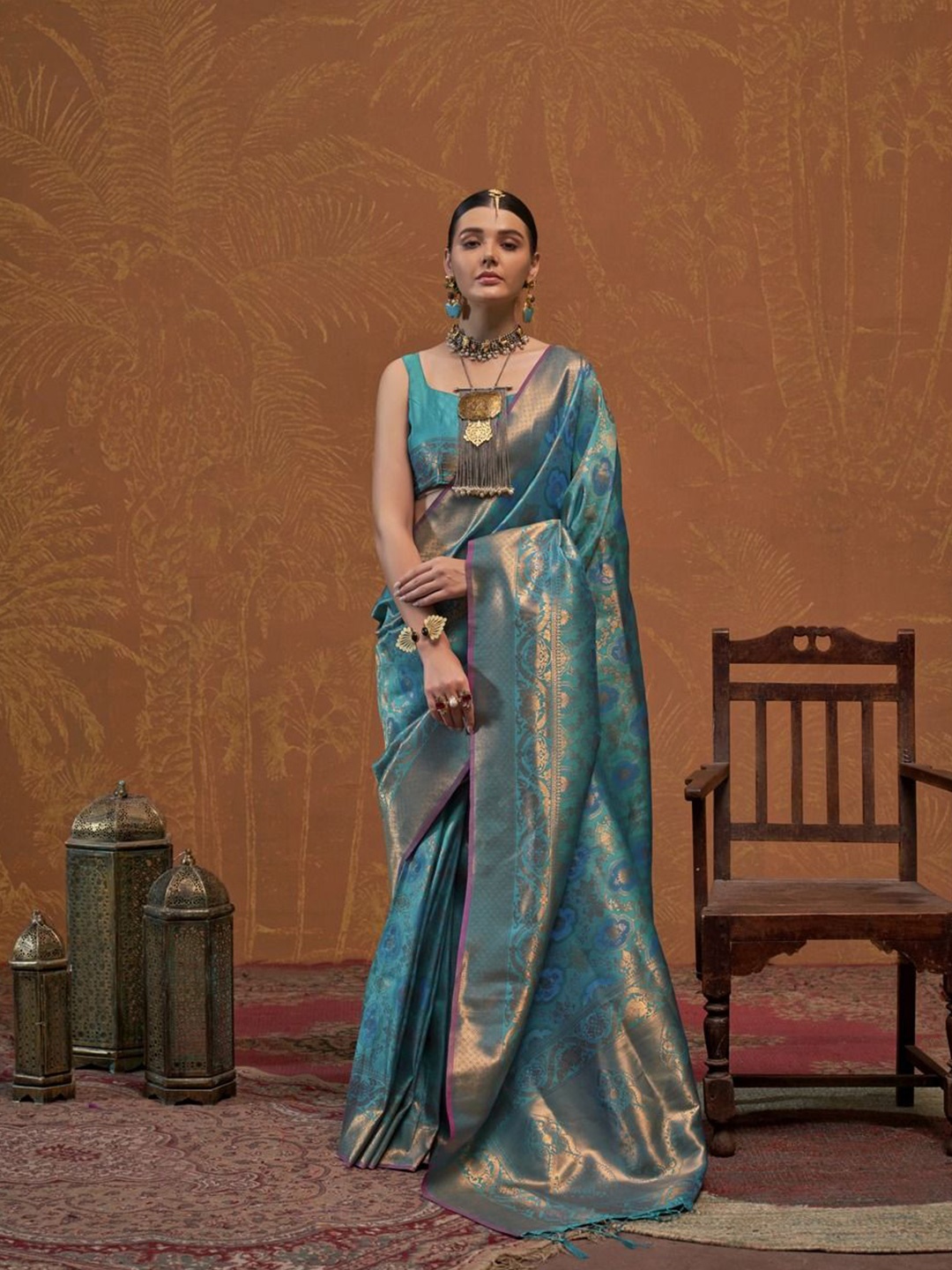 

Anouk Ethnic Motifs Woven Design Zari Banarasi Saree, Turquoise blue