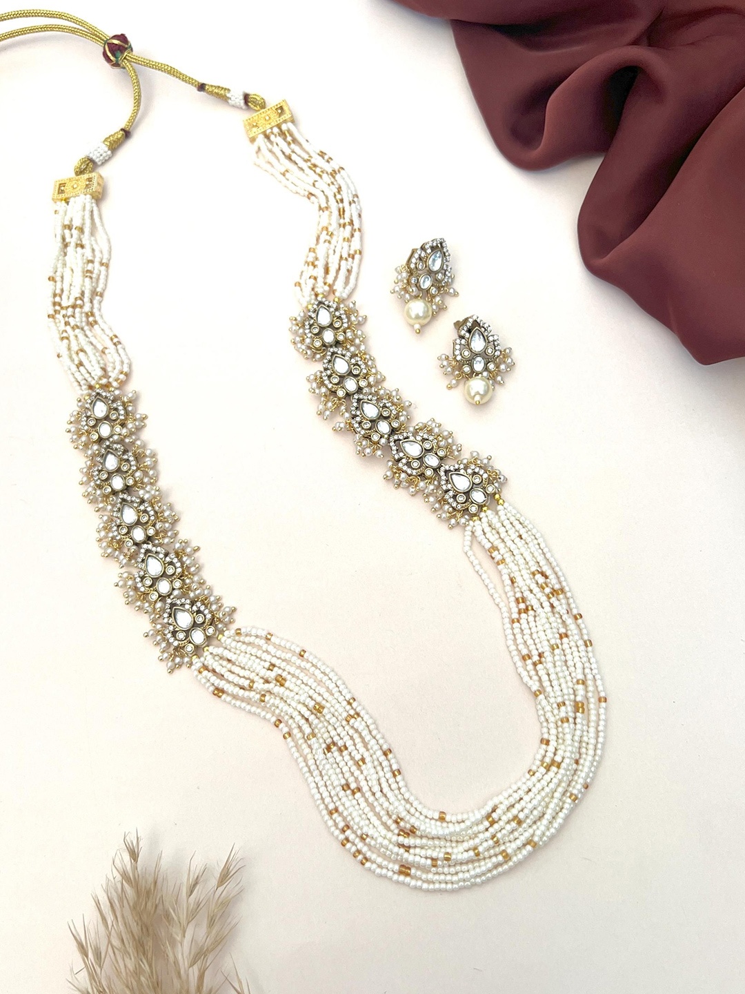 

ABDESIGNS Gold Plated Stone Studded & Beaded Polki Jewellery Set