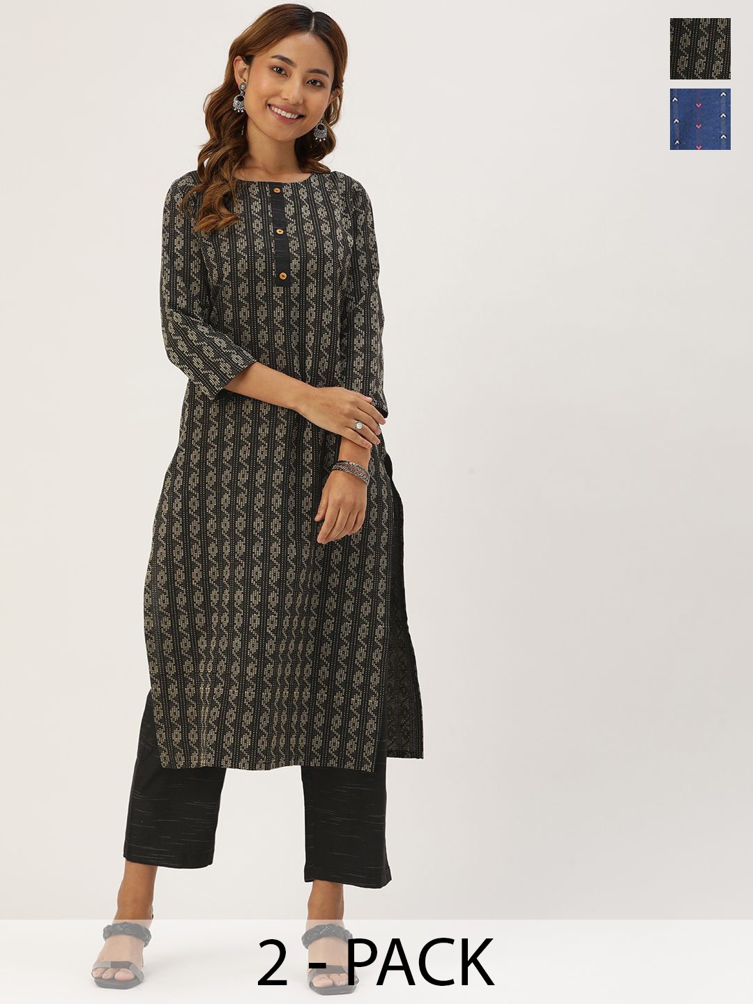 

KALINI Selection of 2 Geometric Round Neck Straight Kurta with Trousers, Black