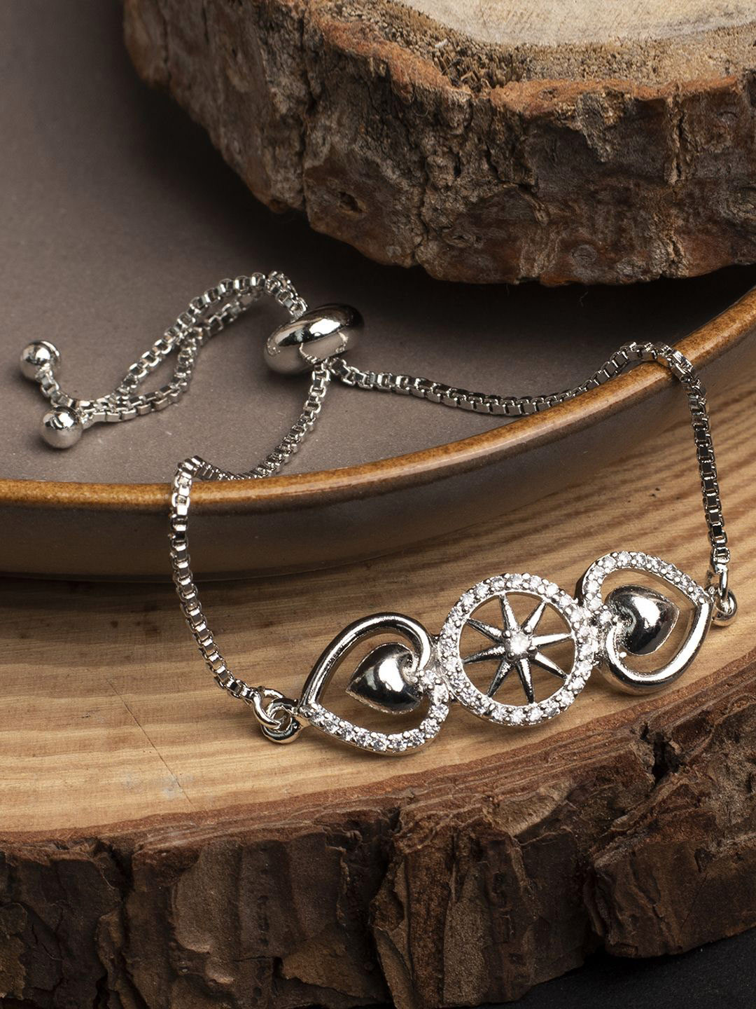 

XPNSV Silver-Plated American Diamond Stone Studded Heart Charm Bracelet