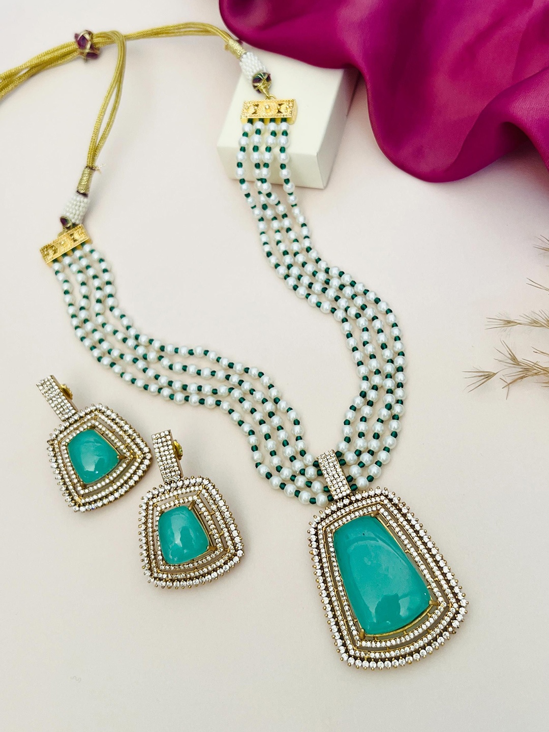 

ABDESIGNS Gold-Plated American Diamond & Beaded Jewellery Set