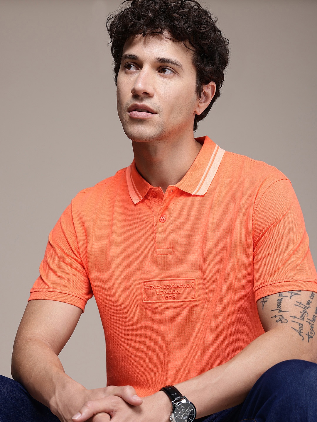 

French Connection Pure Cotton Brand Logo Embossed Polo Collar T-shirt, Orange