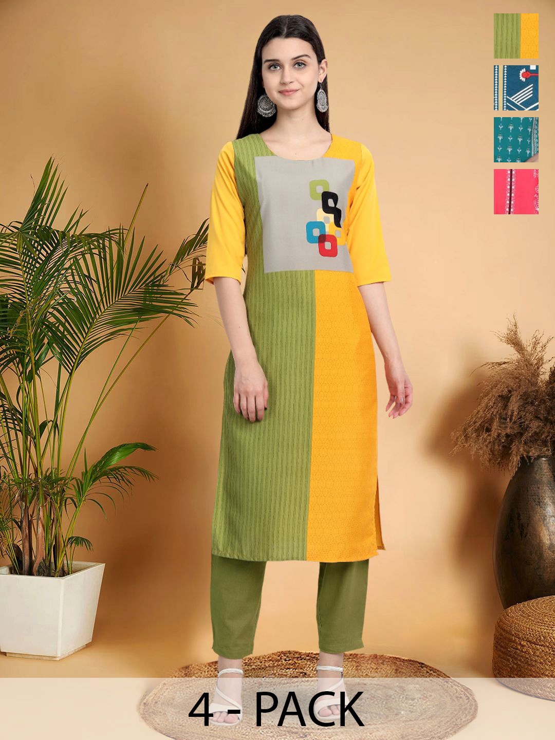 

7Threads Selection Of 4 Colourblocked Round Neck Straight Kurtas, Yellow