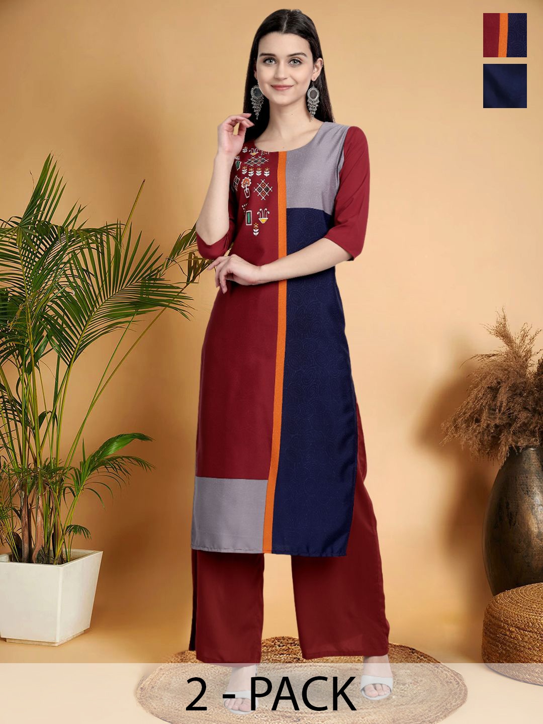 

7Threads Selection Of 2 Colourblocked Printed Straight Kurtas, Maroon