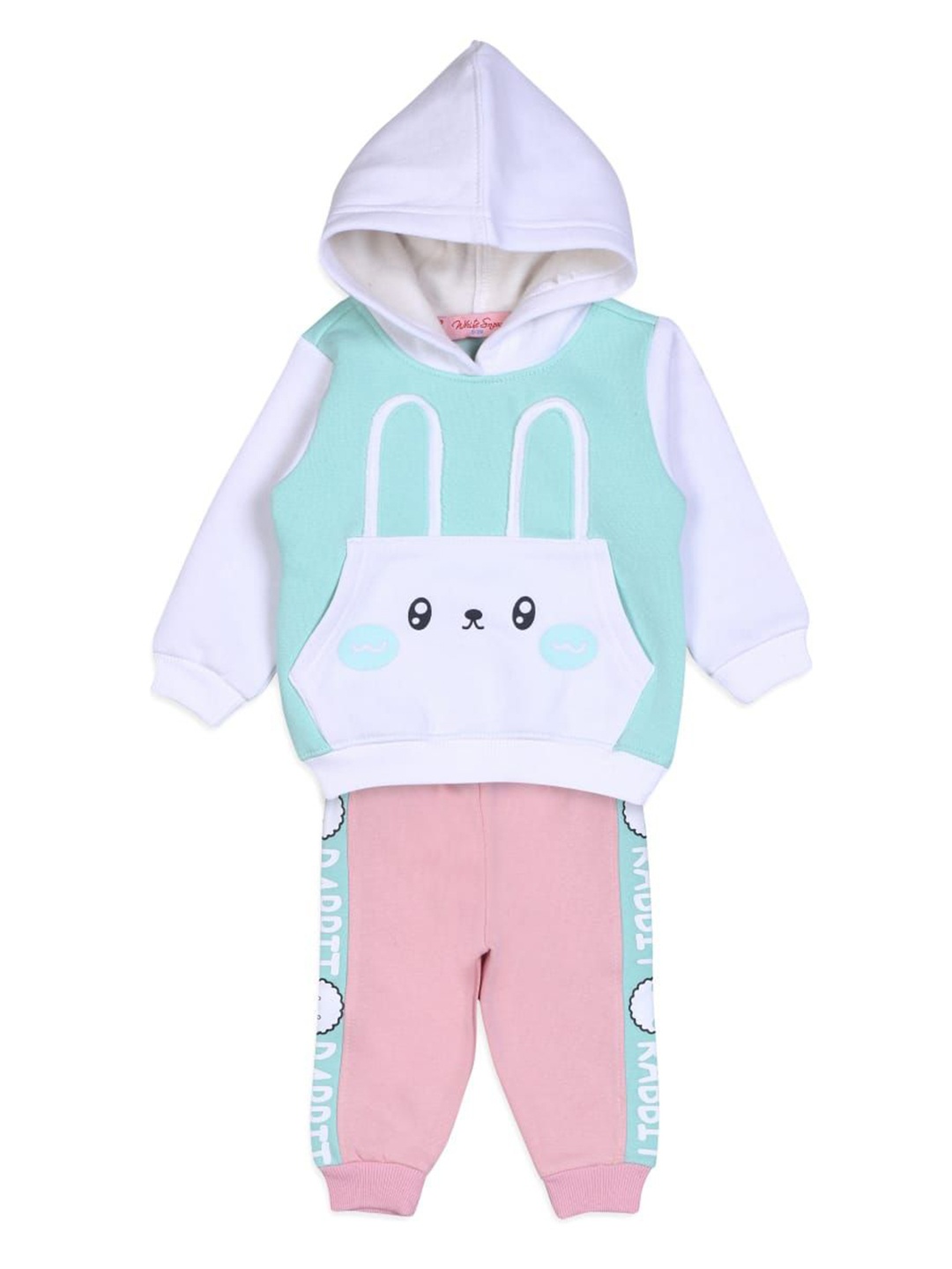 

White Snow Unisex Kids Printed Hooded Sweatshirt With Jogger, Turquoise blue