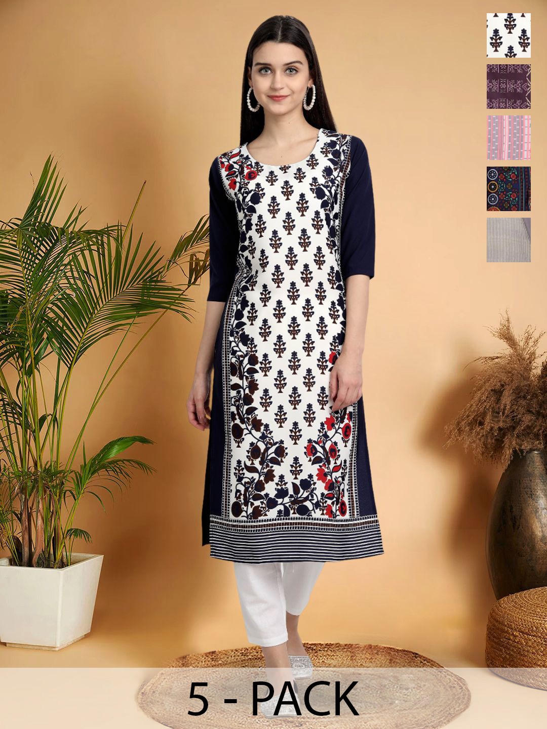 

7Threads Selection Of 5 Floral Printed Round Neck Straight Kurtas, Black