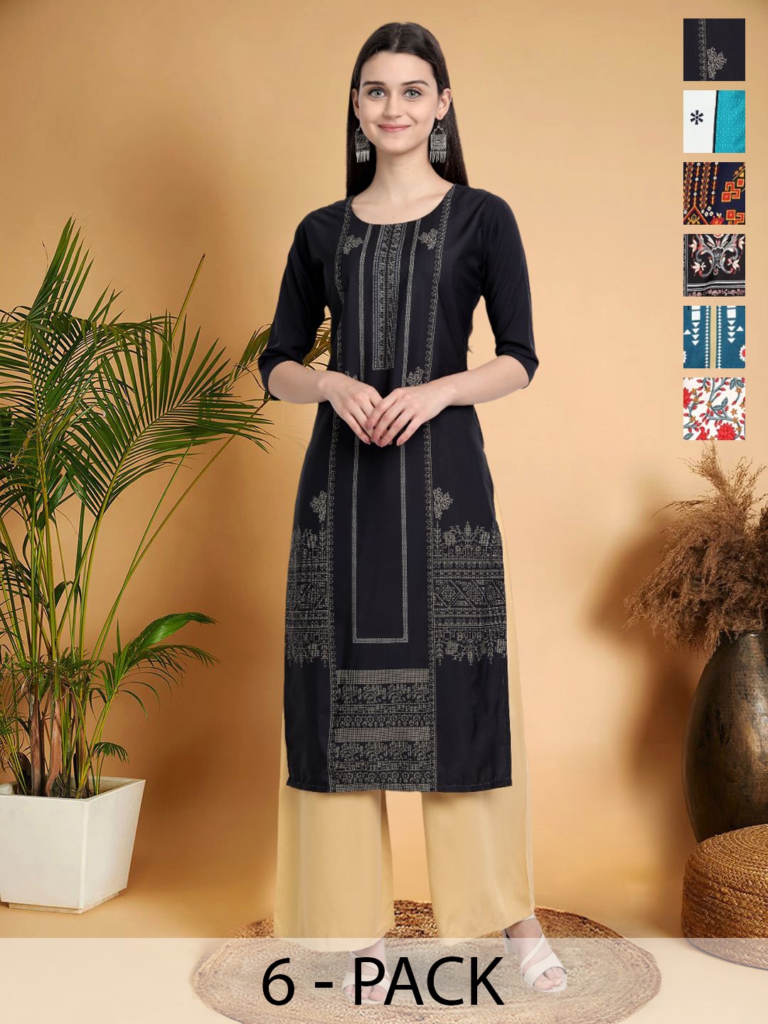 

7Threads Selection Of 6 Ethnic Motifs Printed Round Neck Kurtas, Black