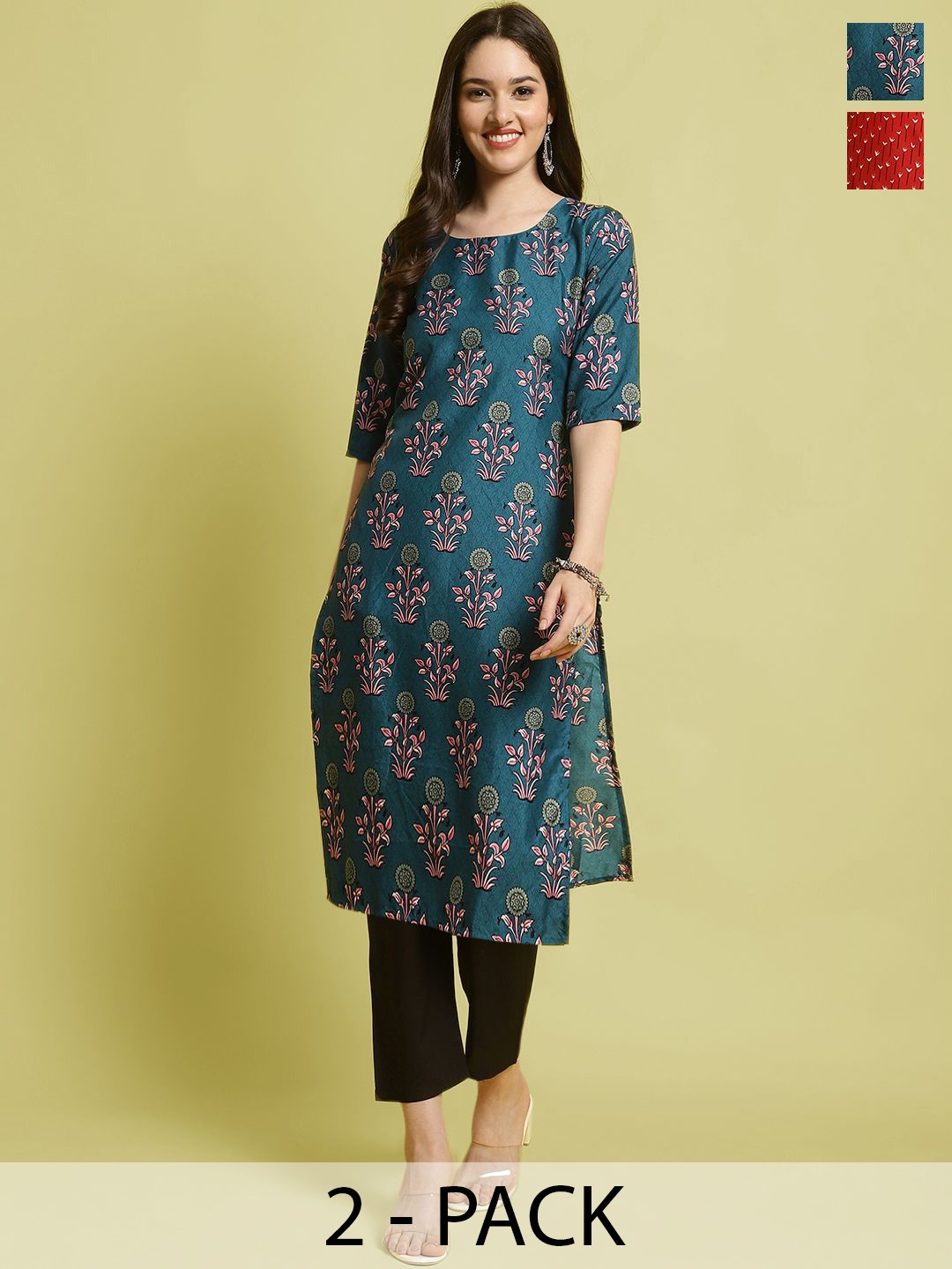 

7Threads Selection Of 2 Floral Printed Straight Kurta With Trousers, Teal