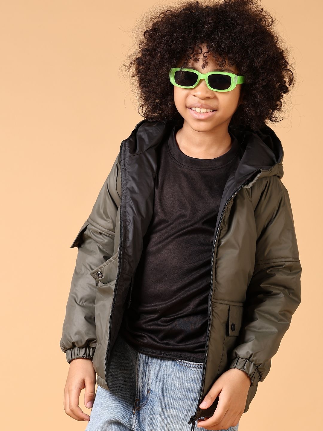 

V-Mart Boys Hooded Solid Cotton Casual Padded Reversible Jacket, Olive