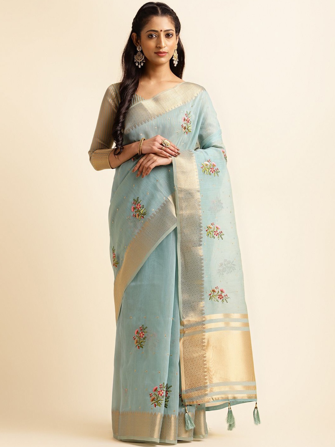 

A.V.M. SILK MILLS Ethnic Motifs Zari Pure Cotton Saree, Turquoise blue